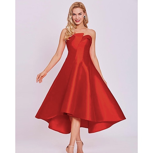 

A-Line Cocktail Dresses Minimalist Dress Homecoming Tea Length Sleeveless Strapless Satin with Sleek 2022 / Cocktail Party