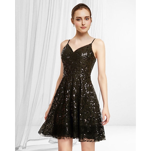 

A-Line Cocktail Dresses Glittering Dress Homecoming Short / Mini Sleeveless V Neck Lace with Pleats Sequin 2022