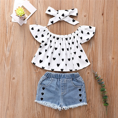 

3 Pièces T-shirt Short Ensemble de Vêtements Tenues Enfants Fille Graphic Manche Courte Imprimer Coton Set basique Le style mignon 3-8 ans Noir