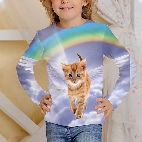 Voor meisjes 3D dier Kat T-shirt Lange mouw 3D-afdrukken Herfst Actief Aanbiddelijk Polyester Kinderen 4-12 jaar Buiten Voor Binnen Normale pasvorm