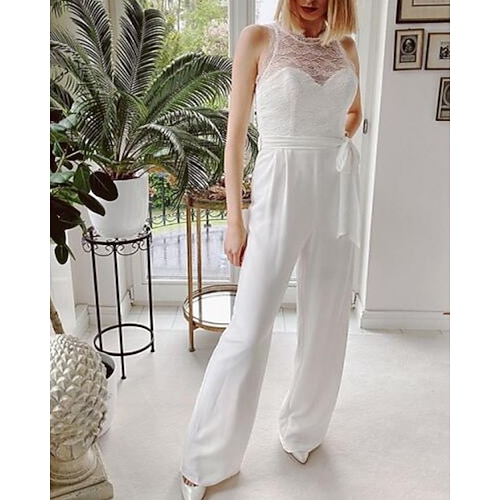 

Jumpsuits Wedding Dresses Jewel Neck Floor Length Lace Stretch Fabric Long Sleeve Simple with Sashes / Ribbons Bow(s) Appliques 2022
