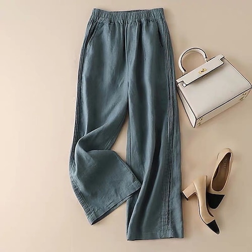 

Women's Culottes Wide Leg Chinos Pants Trousers Linen / Cotton Blend Blue Beige White Mid Waist Fashion Office / Career Casual Weekend Side Pockets Micro-elastic Full Length Comfort Plain M L XL XXL