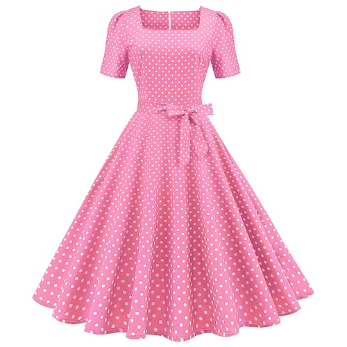 

Women's Casual Dress Vintage Dress Midi Dress Black Blue Pink Short Sleeve Polka Dot Print Fall Spring Summer Square Neck 1950s 2023 Style S M L XL XXL