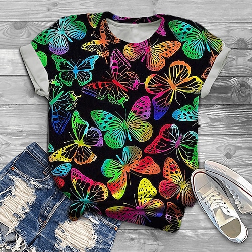 

Dame Pluss størrelse Topper T skjorte Grafisk Sommerfugl Trykt mønster Kortermet Crewneck Grunnleggende Daglig Ferie Bomullsspandexjersey Vår Sommer Grønn Lilla / Store størrelser / Store størrelser