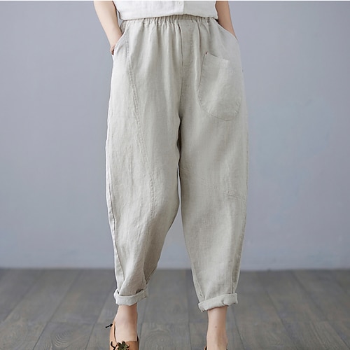 

Women's Chinos Slacks Pants Trousers Cotton And Linen Green Yellow Red Mid Waist Basic Streetwear Casual Weekend Pocket Ankle-Length Comfort Plain M L XL XXL / Loose Fit