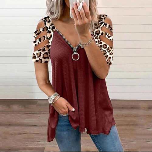 

Women's Blouse Shirt Eyelet top Blue Pink Wine Graphic Leopard Patchwork Zipper Short Sleeve Daily Weekend Basic Streetwear V Neck Regular S / Cut Out / Print