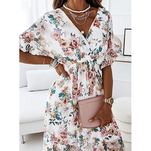 

Women's Casual Dress Midi Dress Black Blue Pink Short Sleeve Floral Spring Summer S M L XL 2XL