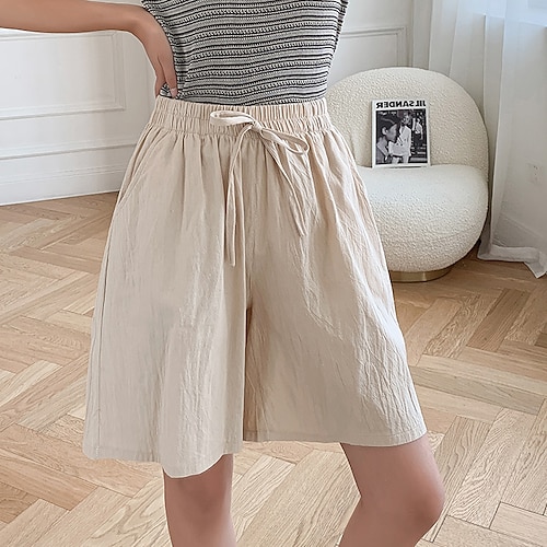 

Women's Wide Leg Shorts Bermuda shorts Faux Linen Yellow Khaki Gray Mid Waist Basic Casual / Sporty Daily Weekend Pocket Short Comfort Plain M L XL XXL / Loose Fit