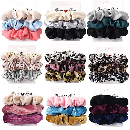 

3PCS Vintage Velvet / Silk Leopard Pure Color Scrunchies Set Elastic Hair Bands Ponytail Holder Fashion Hair Accessories