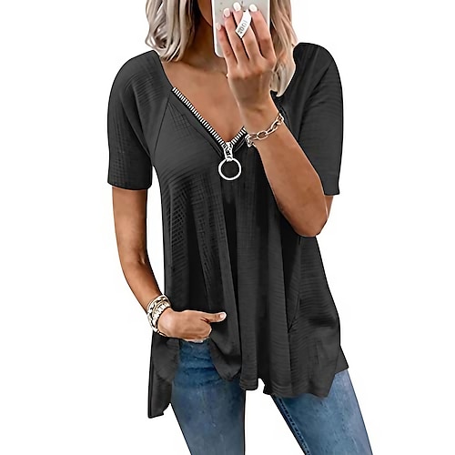 

women summer v neck t shirts sexy zipper short sleeve top flowy tunic blouse plus size black