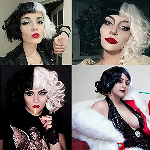 Juziviee Cruella Deville Costume Wig Women Short Black and White Wig with Bangs Cute Synthetic Hair Wigs for Cruella Cosplay Party Halloween JZ005BW 