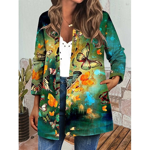 

Women's Jacket Casual Jacket Daily Holiday Winter Autumn / Fall Regular Coat Round Neck Regular Fit Casual Jacket Long Sleeve Butterfly Animal Patterned Print Green Blue Yellow