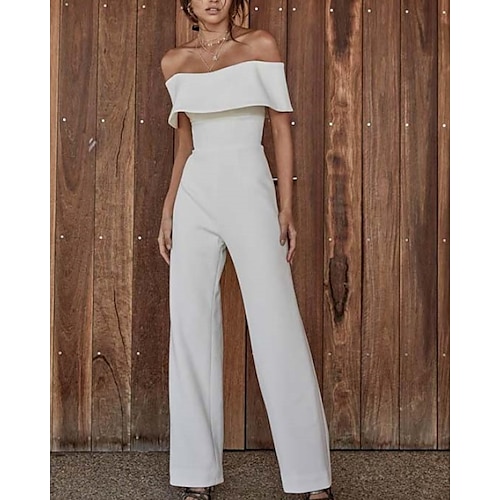 

Jumpsuits Wedding Dresses Off Shoulder Floor Length Stretch Fabric Sleeveless Simple with Ruffles 2022