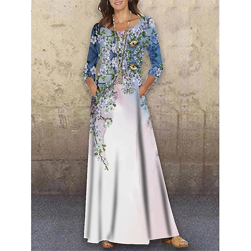 

Women's Shift Dress Maxi long Dress Light Blue 3/4 Length Sleeve Floral Print Print Spring Summer Round Neck Casual 2022 S M L XL XXL 3XL