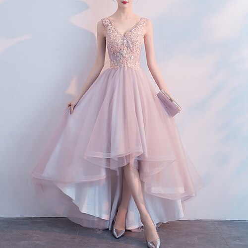 

Linea-A Abiti da cocktail Elegante Vestito Abiti da festa Asimmetrico Senza maniche A V Tulle con A pieghe Con applique 2023