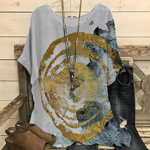 

Women's Plus Size Tops Tunic Blouse Multi Color Retro Print Short Sleeve Round Neck Basic Chinoiserie Causal Daily Cotton Spandex Jersey Fall Summer Blue Black / Loose