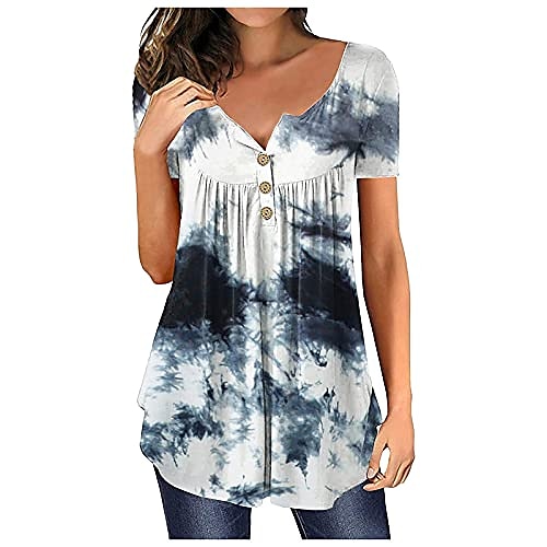 

womens summer tops loose fit plus size women's floral printed short sleeve henley v neck t-shirt pleated casual flowy tunic blouse tops