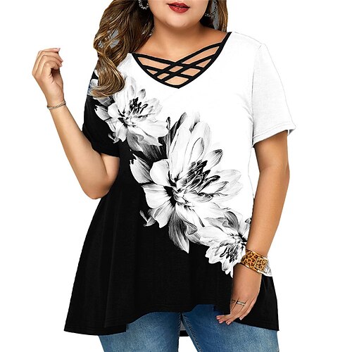 

Women's Plus Size Tops T shirt Floral Print Short Sleeve V Neck Streetwear Daily Weekend Polyester Summer White