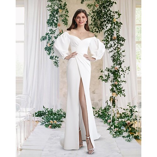 

Sheath / Column Wedding Dresses Off Shoulder Sweep / Brush Train Stretch Fabric Half Sleeve Simple with Split Front 2022