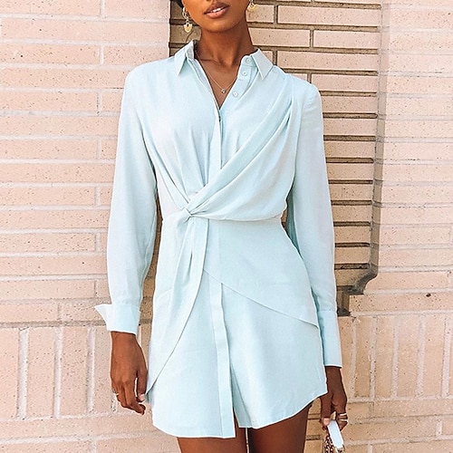 

Women's A Line Dress Short Mini Dress Blue Long Sleeve Pure Color Lace up Spring Summer Shirt Collar Elegant Fashion 2022 S M L XL