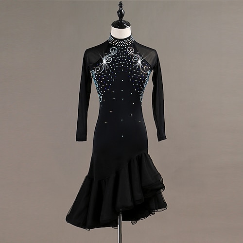 

Latin Dance Dress Crystals / Rhinestones Women's Training Performance Long Sleeve Elastane Tulle