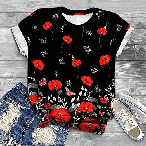 

Dame Plus størrelse Toppe T-shirt Blomstret Grafisk Trykt mønster Kortærmet Rund Hals Basale Daglig Ferie Bomuldspandextrøje Sommer Sort Rød / Plusstørrelser / Plusstørrelser