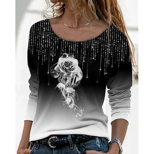 

Women's T shirt Tee Black Graphic Floral Print Long Sleeve Daily Weekend Basic Round Neck Regular Floral Painting S / 3D Print
