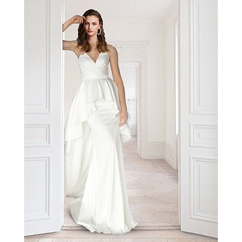 

Sheath / Column Wedding Dresses V Neck Court Train Detachable Satin Sleeveless Simple with Ruffles 2022