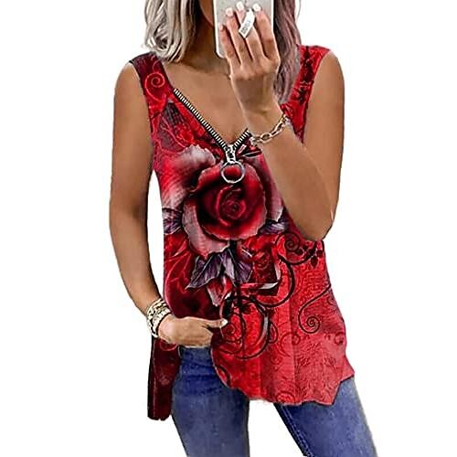 

mayntop dame tanktoppe rose blomst grafisk tryk etnisk ærmeløs lynlås v-hals plus størrelse løs tee-t-shirt camisole (en rød, 5xl)