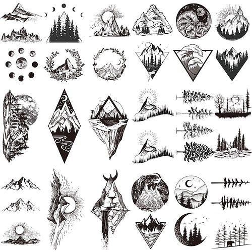 

20 Sheets Mountain Temporary Tattoos Stickers Including Fake Tattoos Waterproof Fake Black Geometry Sun Star Moon Tree Triangle Sea Wave Tattoos Semi Permanent Tattoos for Adult and