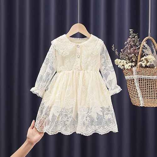 

Infantil Bébé Pouco Para Meninas Vestido Jacquard Casamento Bege Renda Médio Manga Longa Princesa Doce Vestidos Primavera Verão