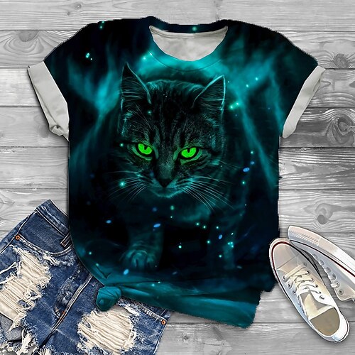 

Dame Pluss størrelse Topper T skjorte Katt Grafisk Trykt mønster Kortermet Crewneck Grunnleggende Daglig Ferie Bomullsspandexjersey Vår Sommer Svart Blå / Store størrelser / Store størrelser