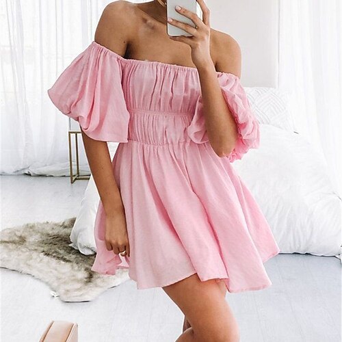 

Mujer Vestido de Columpio Rosa Azul cielo Rojo Manga Corta Color puro Frunce Primavera Verano Hombros Caídos S M L XL XXL XXXL