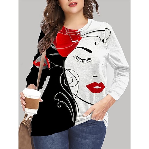 

Women's Plus Size Tops Pullover Sweatshirt Hoodie Sweatshirt Graphic Portrait Print Long Sleeve Crewneck Basic Hoodie Daily Microfiber Fall Winter Black Red