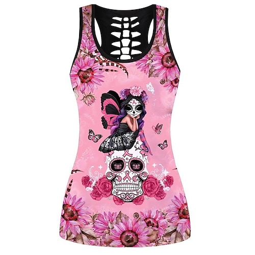 

Women's Vest Racer Back Tank Top Purple Pink Fuchsia Floral Bull Print Sleeveless Daily Beach Basic Streetwear Round Neck Regular Geometric S