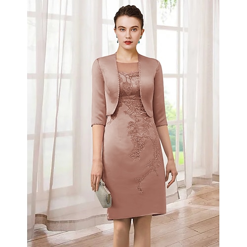 

Two Piece Sheath / Column Mother of the Bride Dress Elegant Jewel Neck Knee Length Satin Lace Half Sleeve Short Jacket Dresses with Appliques 2022