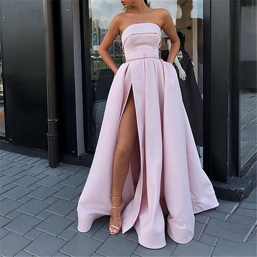 

A-Line Prom Dresses Minimalist Dress Wedding Guest Floor Length Sleeveless Strapless Lace with Pleats Slit 2022