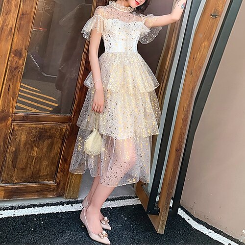 

A-Line Cocktail Dresses Glittering Dress Homecoming Tea Length Short Sleeve High Neck Tulle with Sequin Tier Appliques 2022 / Cocktail Party