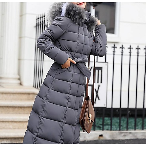 

Women's Winter Coat Long Puffer Jacket Belted Hooded Parka Thermal Warm Heated Jacket with Poackets Fall Long Coat Windproof Rust Red caramel