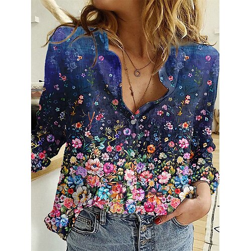 

Damen Bluse Graphic Blumen Täglich Wochenende Blume Bluse Hemd Langarm Taste Bedruckt Hemdkragen Strassenmode Casual Blau S / 3D-Druck