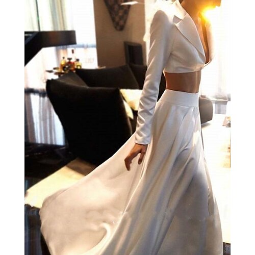 

Two Piece Wedding Dresses V Neck Sweep / Brush Train Satin Long Sleeve Simple Beach Sexy with Split Front 2022