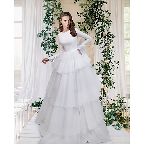 

A-Line Wedding Dresses Jewel Neck Sweep / Brush Train Tulle Italy Satin Long Sleeve Formal Simple Luxurious Backless with Cascading Ruffles 2022