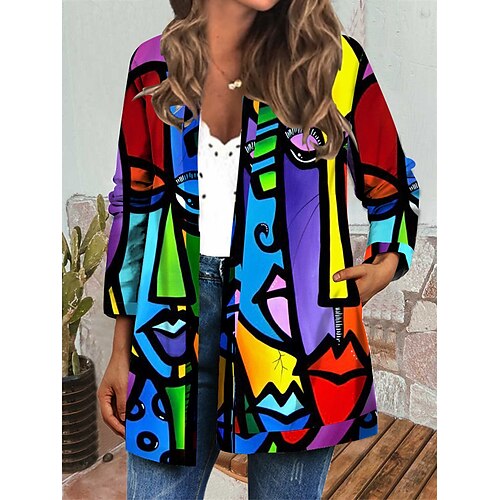 

Women's Jacket Casual Jacket Regular Print Coat Blue Purple Casual Daily Autumn / Fall Open Front Round Neck Regular Fit S M L XL XXL 3XL / Windproof / Color Block / Portrait