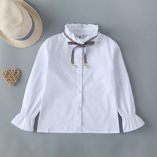 

Camisa infantil para meninas manga longa cor sólida algodão branco blusas para crianças outono inverno moda diária diária ajuste regular 3-13 anos