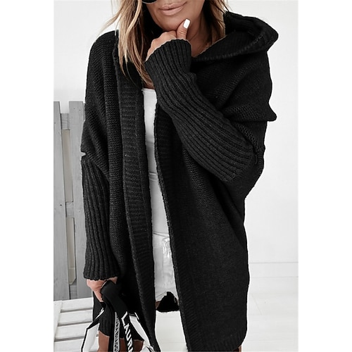 

Women's Cardigan Sweater Knitted Hooded Solid Color Basic Long Sleeve Loose Sweater Cardigans Hooded Fall Winter Blue Fuchsia Khaki