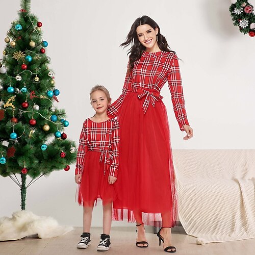 

Mommy and Me Ugly Christmas Dresses Plaid Daily Wear Mesh Long Sleeve Midi Daily Matching Outfits Red