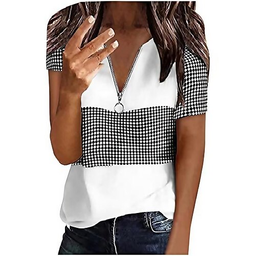 

sommer kvinder v-hals lynlås toppe mode afslappet løs pasform kortærmet patchwork print bluse behagelig blød t-shirt tee hvid