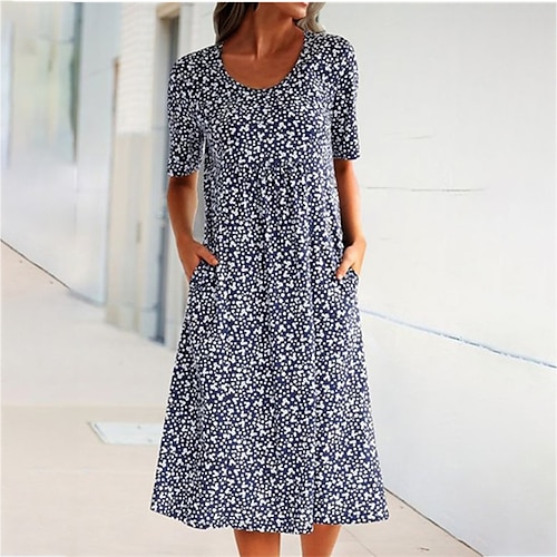 

Women's A Line Dress Shift Dress Midi Dress Black Blue Yellow Orange Short Sleeve Polka Dot Print Pocket Print Spring Summer Crew Neck Casual 2022 S M L XL XXL 3XL