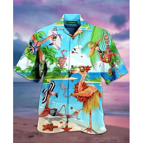 

Men's Shirt Graphic Shirt Bird Turndown Blue 3D Print Holiday Short Sleeve 3D Print Clothing Apparel Designer Beach