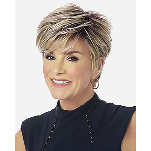 

Short Blonde Wigs For Women Pixie Cut Wig With Bangs Brown Ombre Blonde Synthetic Hair Wigs Natural Looking Heat Resistant Daily Wig